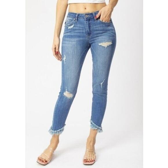 Kancan Mid Rise Ankle Skinny Jeans Size 5 /26 Raw Hem Distressed Fringe Juniors - Picture 2 of 10